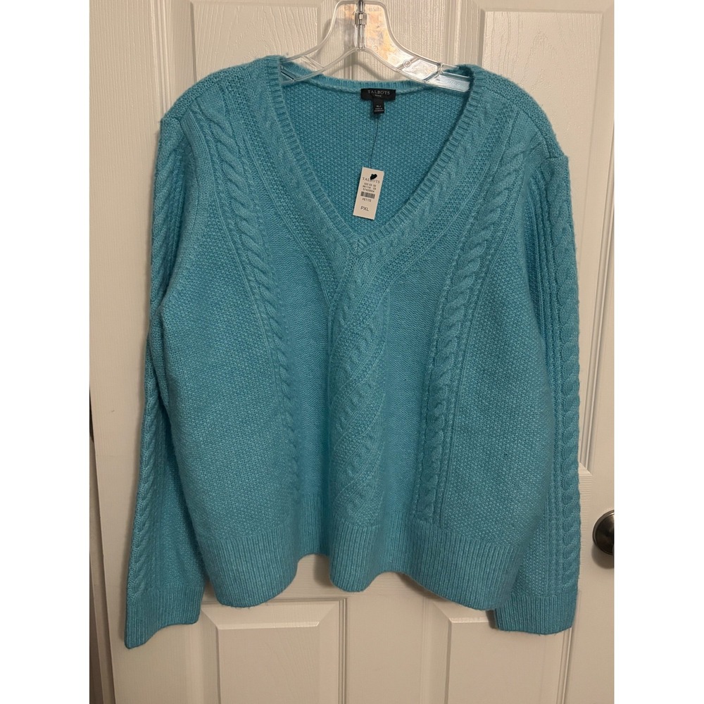 NEW Talbots | Blue V-Neck Wool Blend Cable Knit Sweater Sz PXL